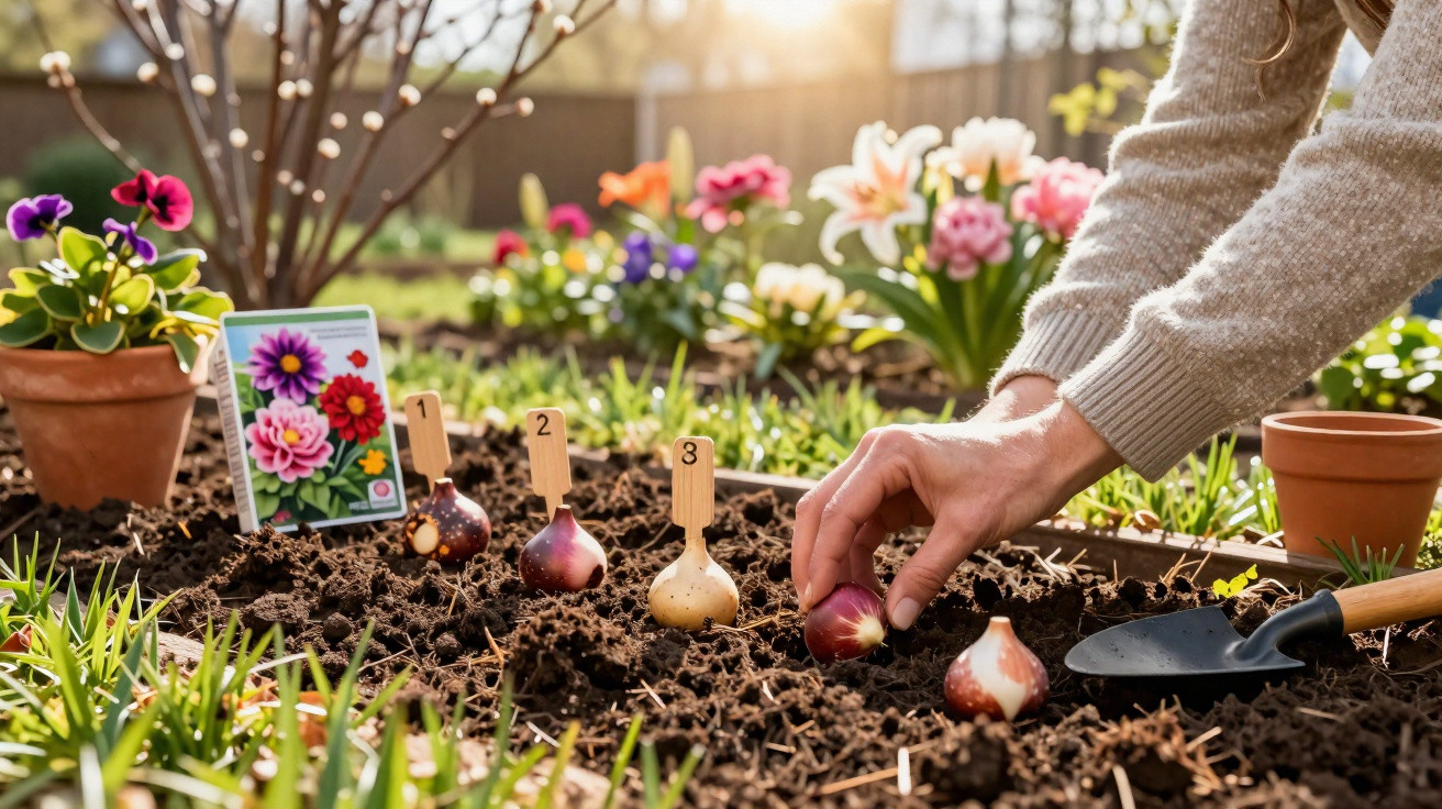 Person planting numbered flower bulbs in soil with a garden trowel and potted plants nearby in bright sunlight.
