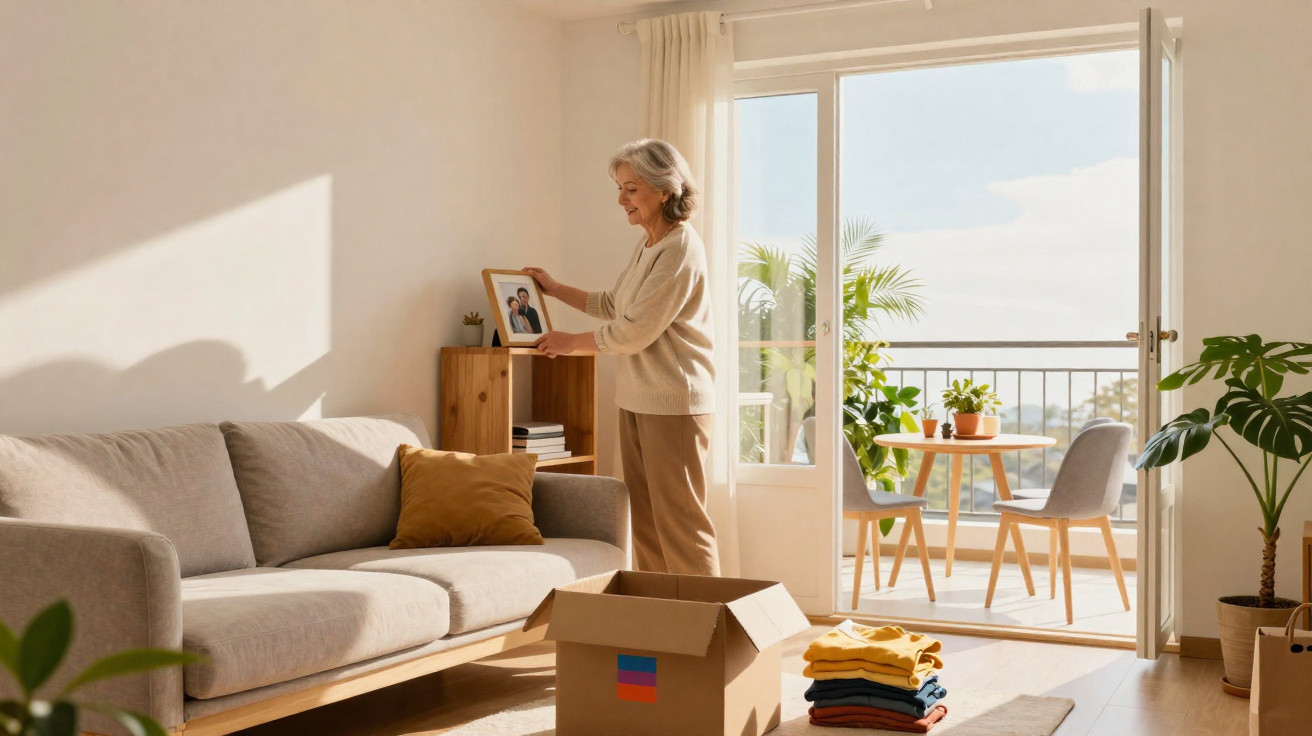 Older woman unpacking and placing a photo frame in a sunlit living room with an open balcony door.