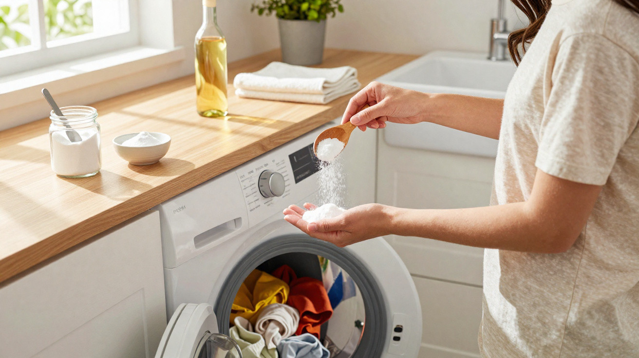 Person scooping detergent powder into a front-loading washing machine in a bright laundry room.