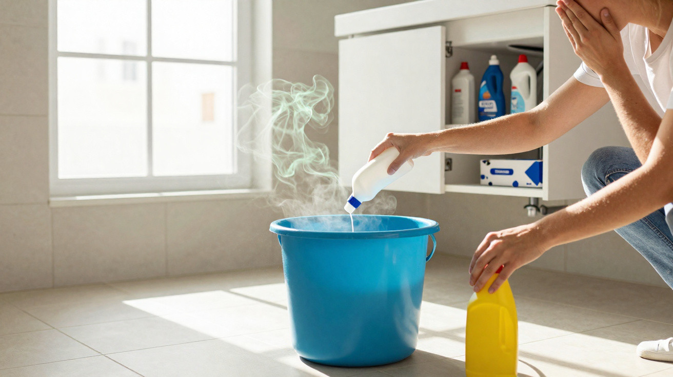 Person pouring bleach into a steaming blue bucket in a bright utility room with cleaning supplies nearby.