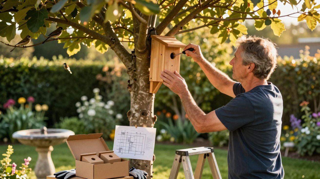 Man installing a wooden birdhouse on a tree in a garden with birds flying nearby and gardening tools on a table.