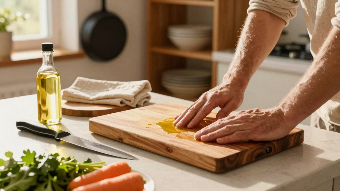 Person rubbing oil onto a wooden chopping board in a bright kitchen with fresh vegetables nearby