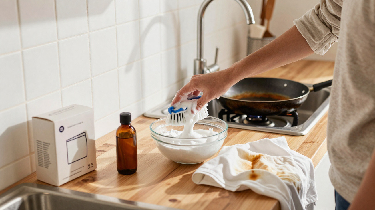 Person scrubbing a stained white cloth with foam in a glass bowl on a wooden kitchen counter.
