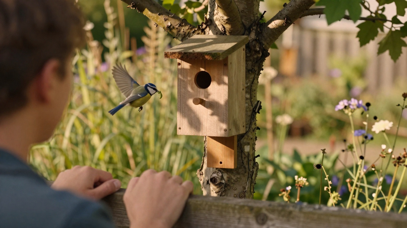 Person watching a blue tit carrying a caterpillar towards a wooden birdhouse on a tree in a garden.