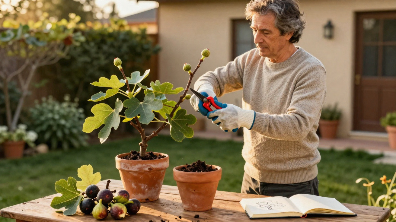 Middle-aged man pruning fig tree in terracotta pot outdoors with gardening book and harvested figs on table.