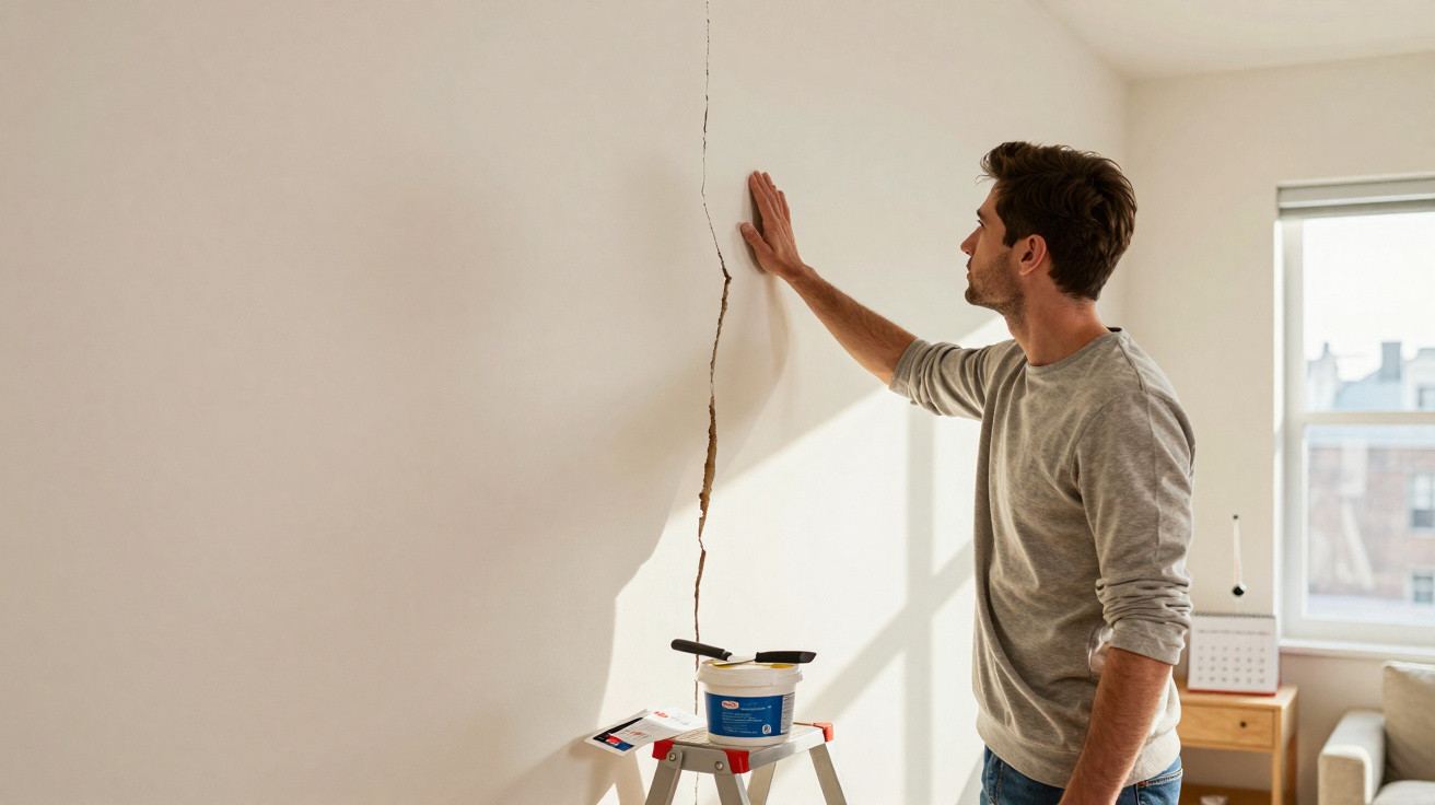 Man examining a large vertical crack on a white interior wall in a sunlit room.