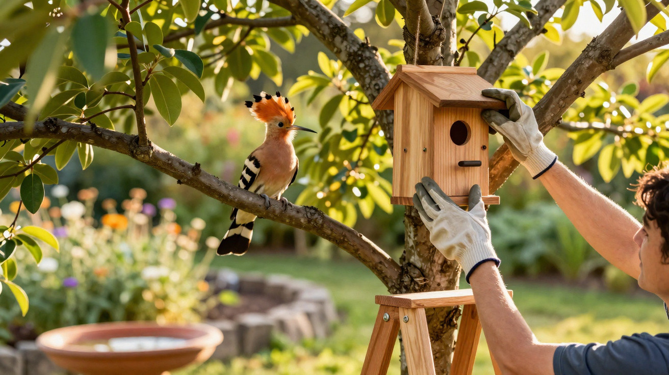 Person installing a wooden birdhouse on a tree branch with a hoopoe bird perched nearby in a garden.