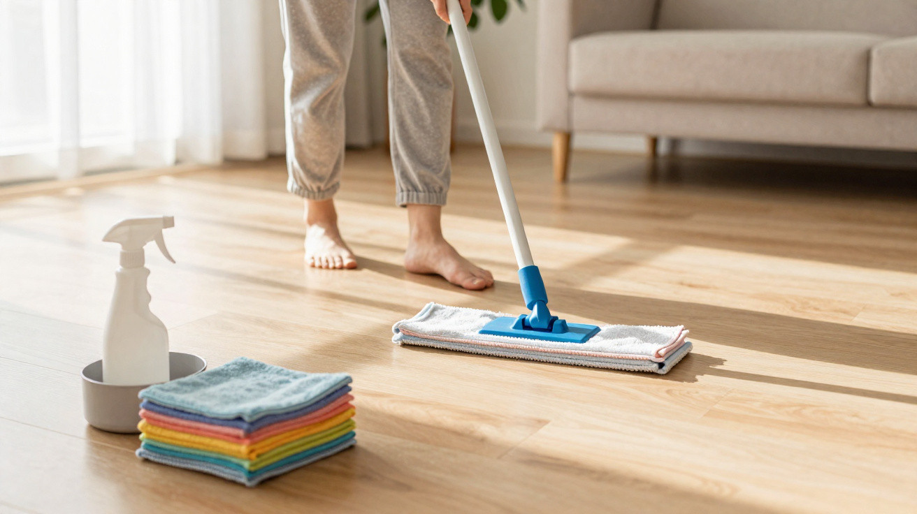 Barefoot person mopping a wooden floor with cleaning spray and colourful cloths nearby in a bright room.