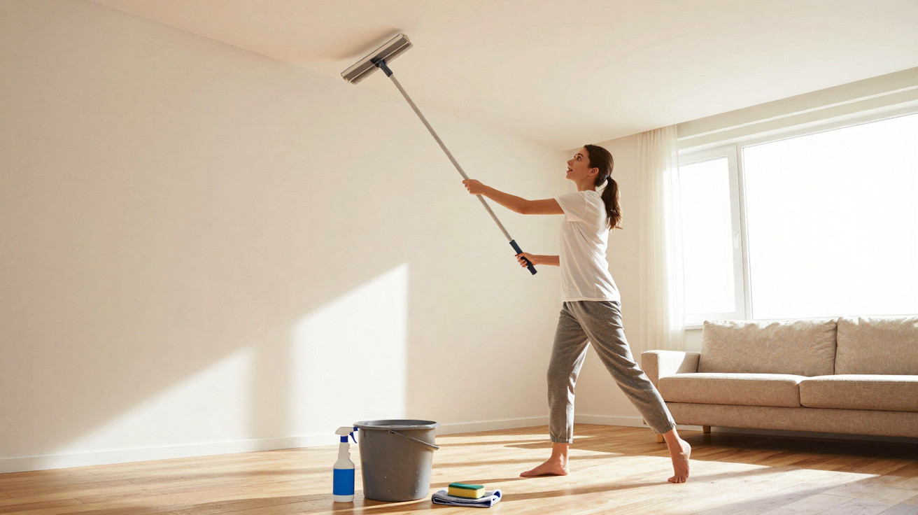 Woman cleaning high wall with mop in bright living room with hardwood floor and sofa.