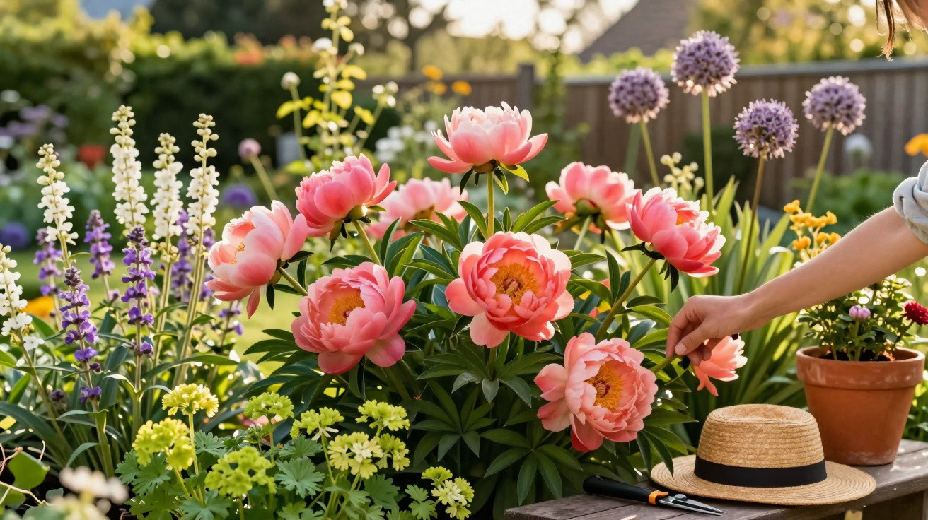 Person tending to pink peonies in a vibrant garden with gardening tools and hat on wooden bench.