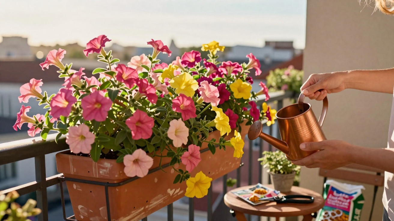 Person watering colourful petunias in a balcony planter with a copper watering can on a sunny day.