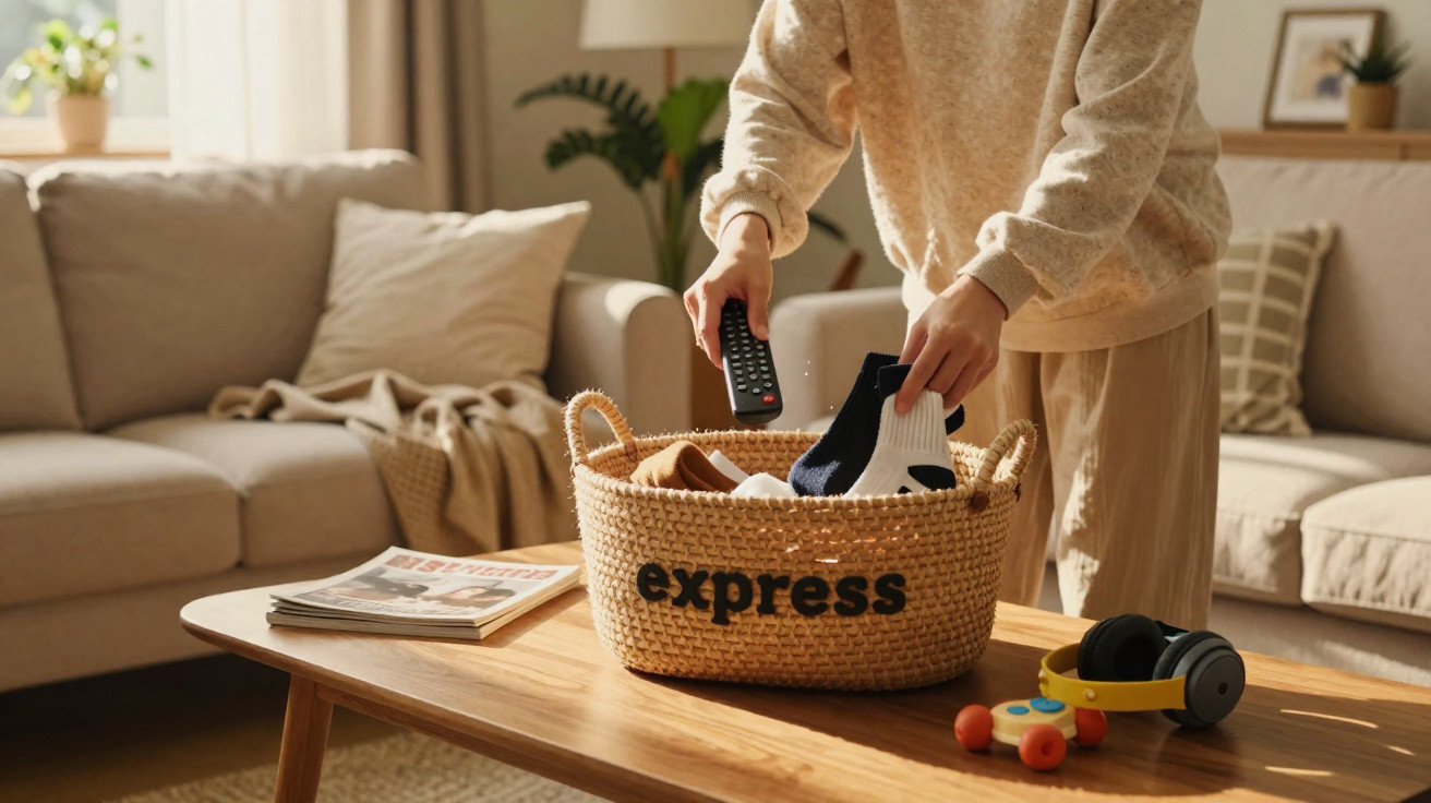 Person sorting laundry in a woven basket on a wooden table in a cozy living room with a sofa and toys nearby.