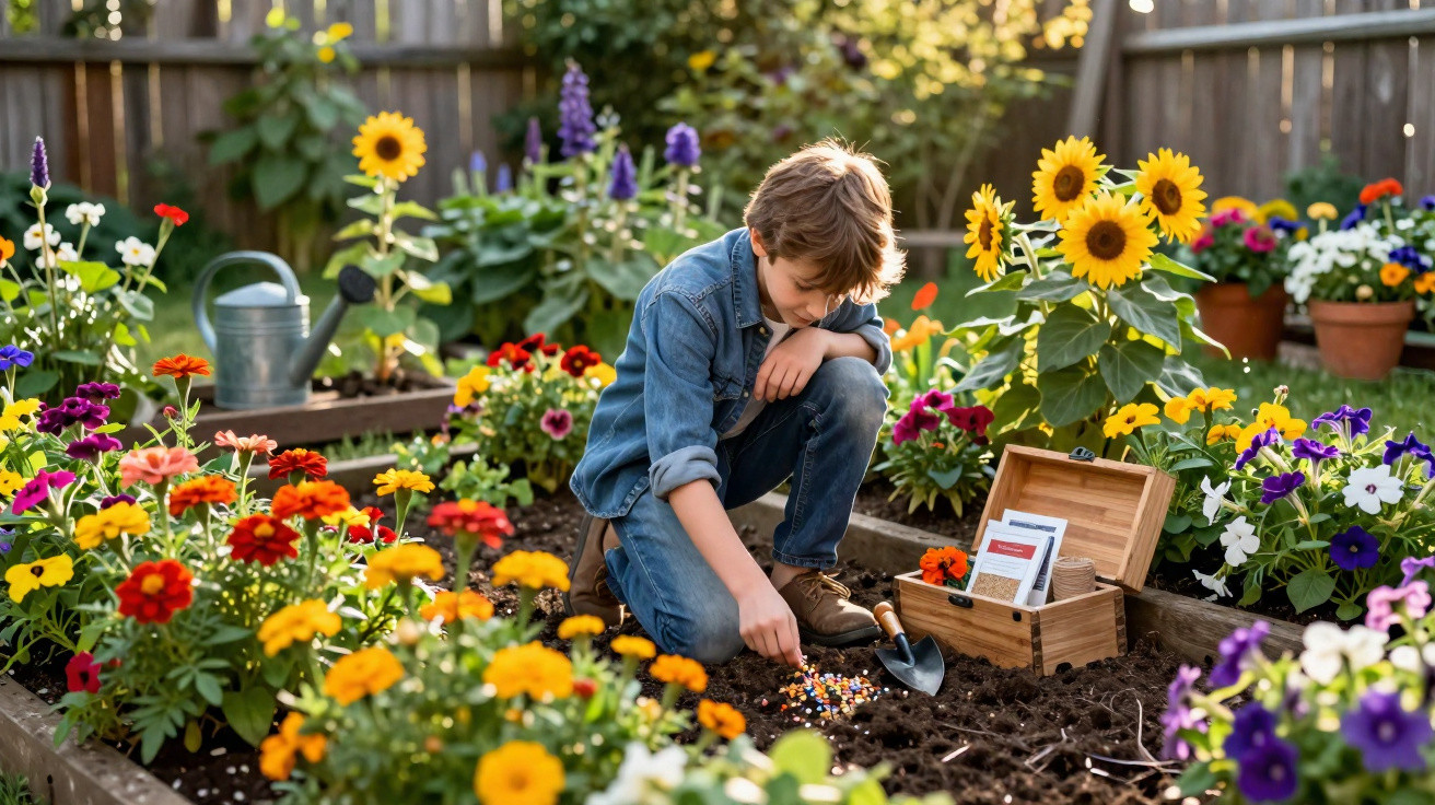 Young boy planting seeds in a colourful garden surrounded by sunflowers and various flowers.