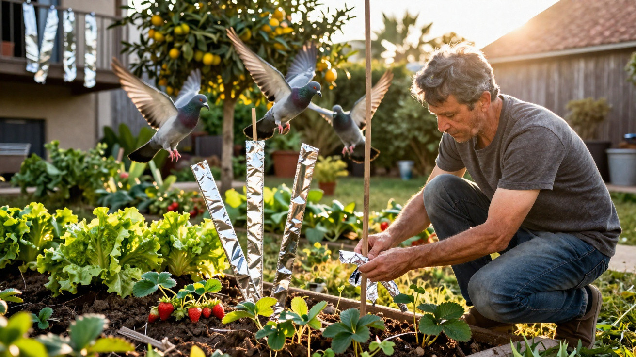 Man setting bird deterrents in a garden with strawberries as pigeons fly nearby in the golden hour sunlight.