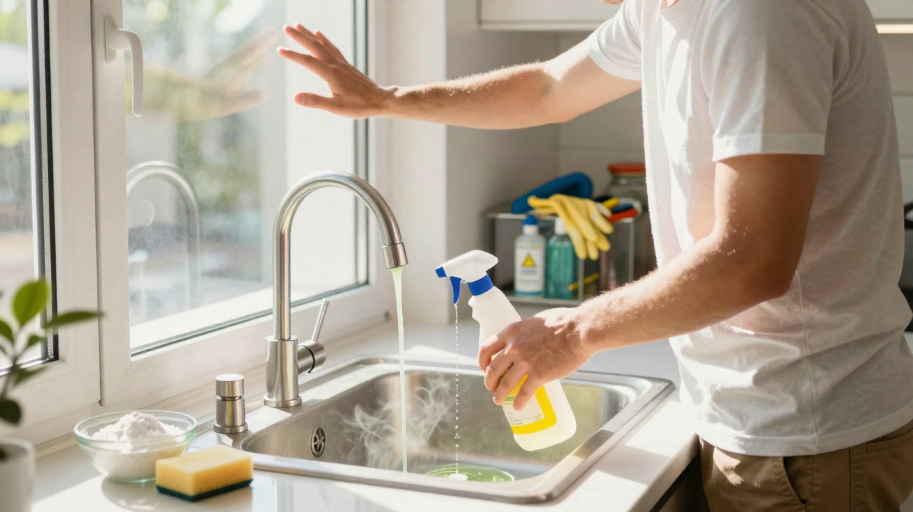 Person holding spray bottle and rinsing kitchen sink with running water by a bright window