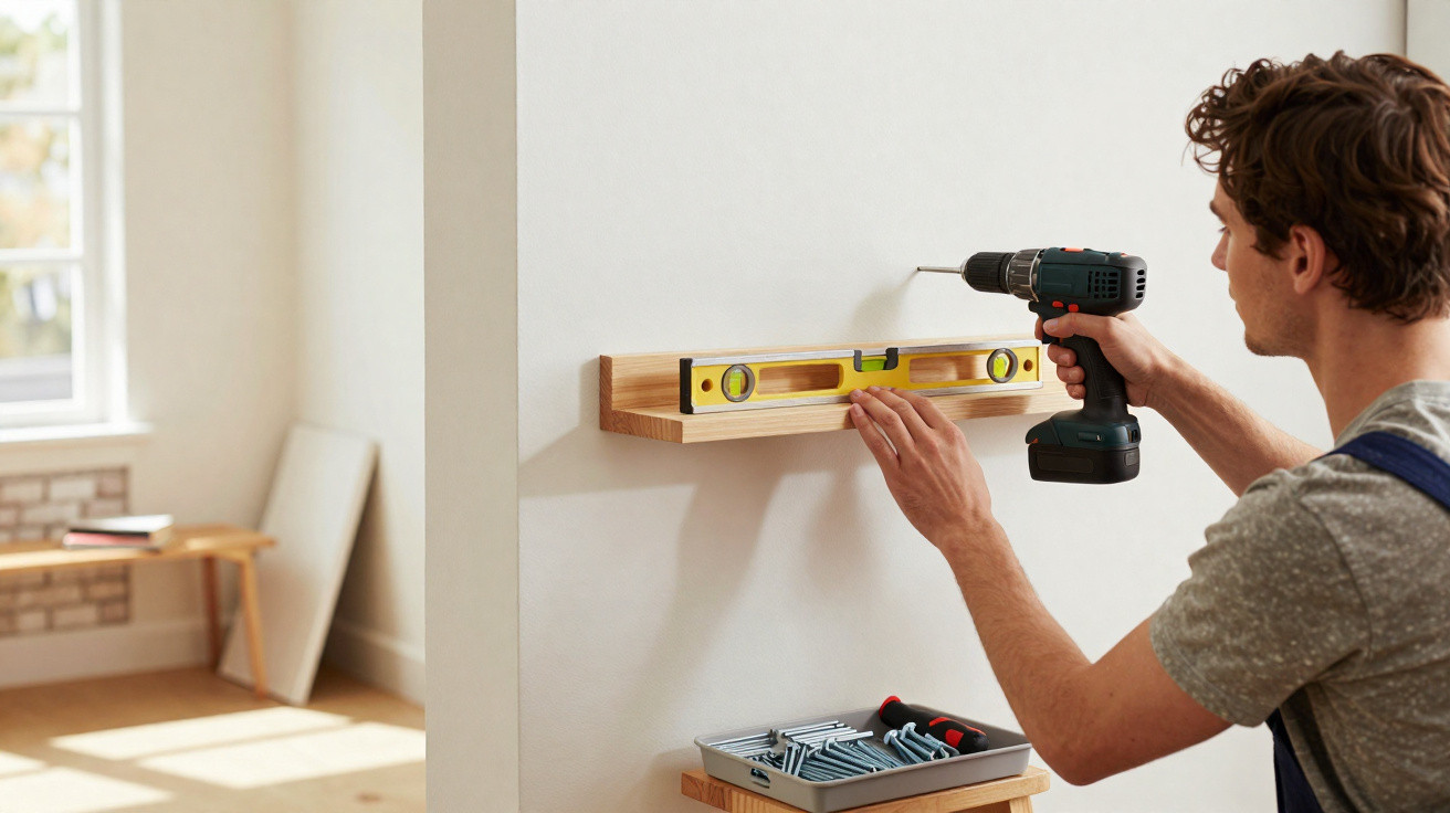 Man using cordless drill to fix wooden shelf with level on white wall in bright room.