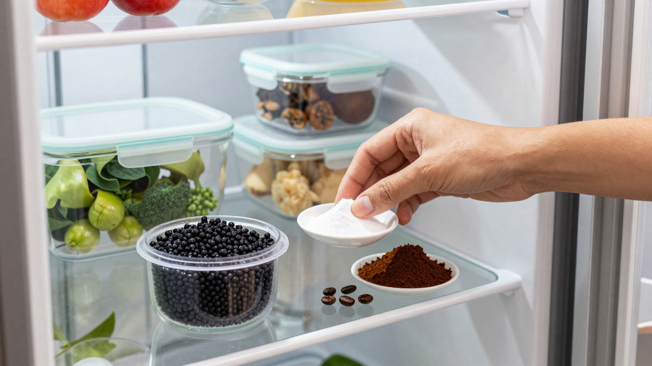 Hand placing a small dish of white powder next to coffee grounds and coffee beans inside a fridge with fresh vegetables.