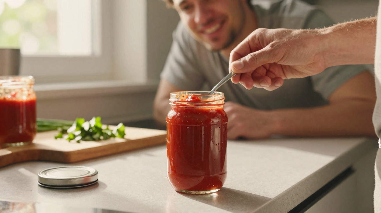 Hand holding a spoon scooping red sauce from a glass jar on a kitchen counter with a man smiling in the background.