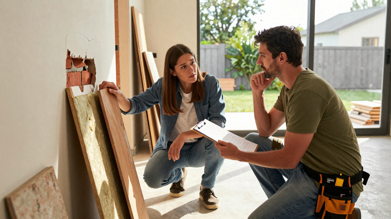 Man and woman inspecting wall damage indoors with construction materials and clipboard during home renovation.