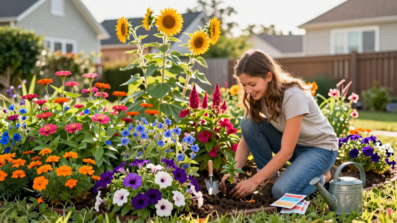 Girl planting flowers in a vibrant garden with sunflowers, petunias, and a watering can on the grass.