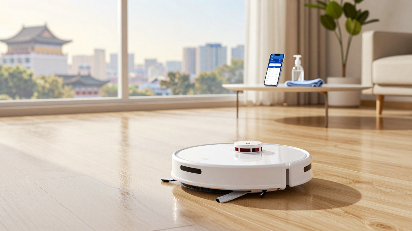 White robotic vacuum cleaner on wooden floor in bright living room with large windows and city view.