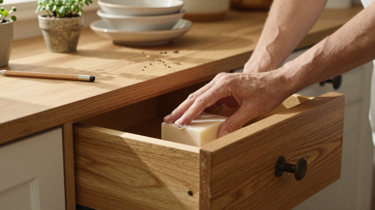 Hand placing a bar of soap into an open wooden kitchen drawer beneath a countertop with potted plants.