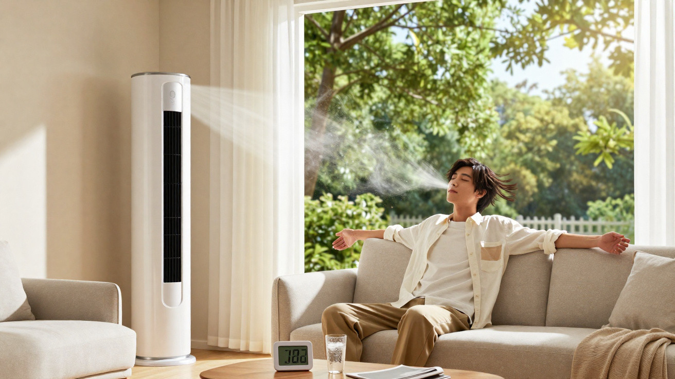 Person relaxing on a sofa with eyes closed while a tower fan blows cool air in a bright living room.