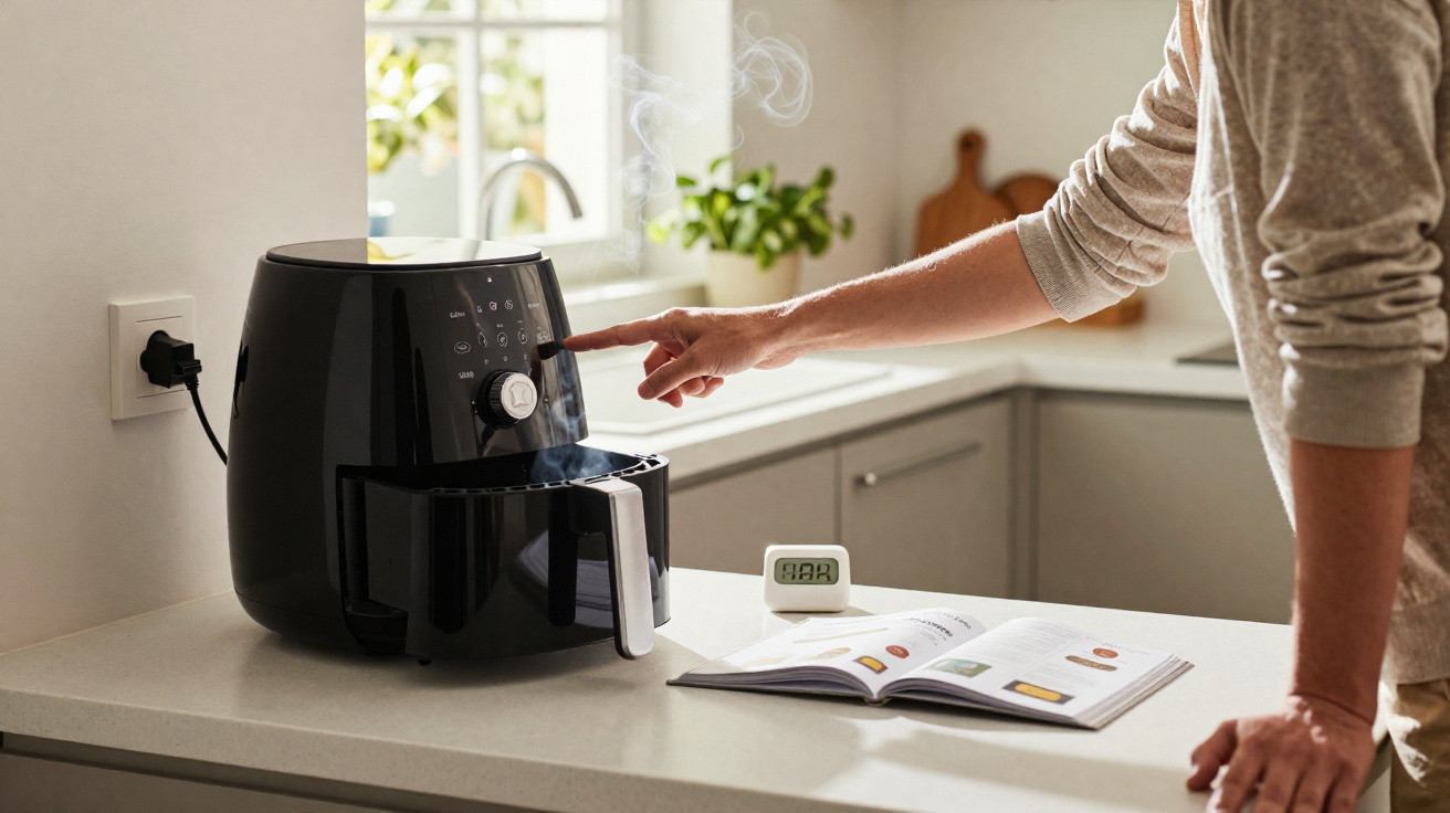 Person using a black air fryer on a kitchen counter with a cookbook and timer nearby.