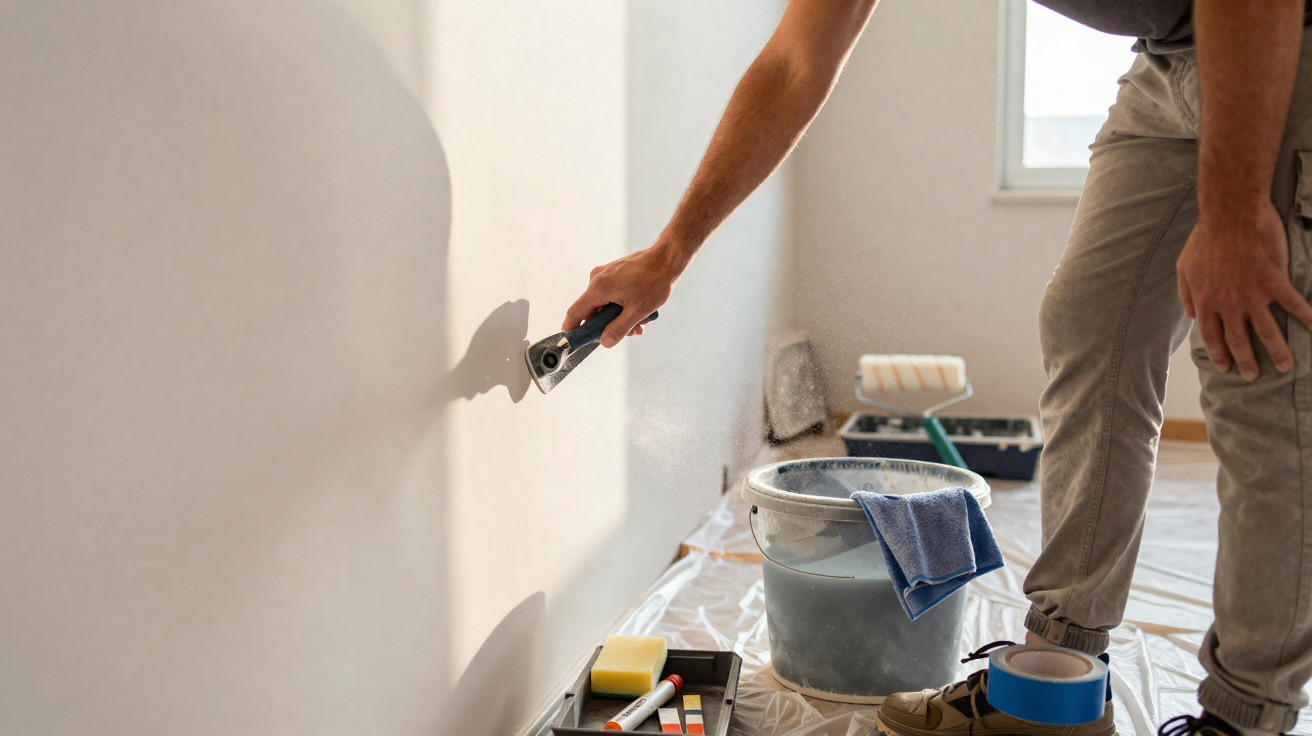 Person using a putty knife to scrape a wall during home renovation with painting supplies nearby.