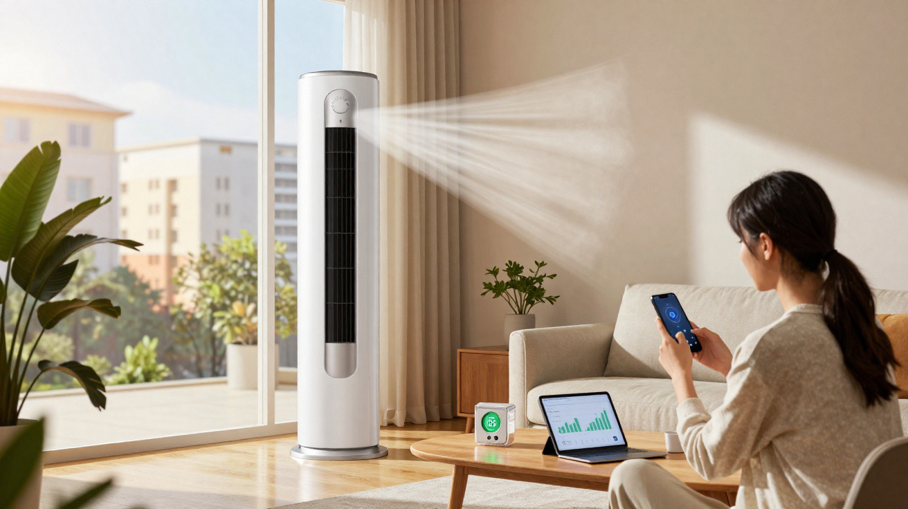 Woman controlling a standing air purifier with a smartphone in a bright living room with plants and a laptop.
