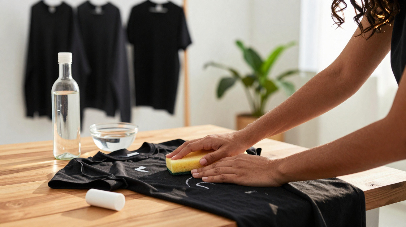 Hands using a sponge to clean white stains off a black T-shirt on a wooden table with cleaning supplies nearby.