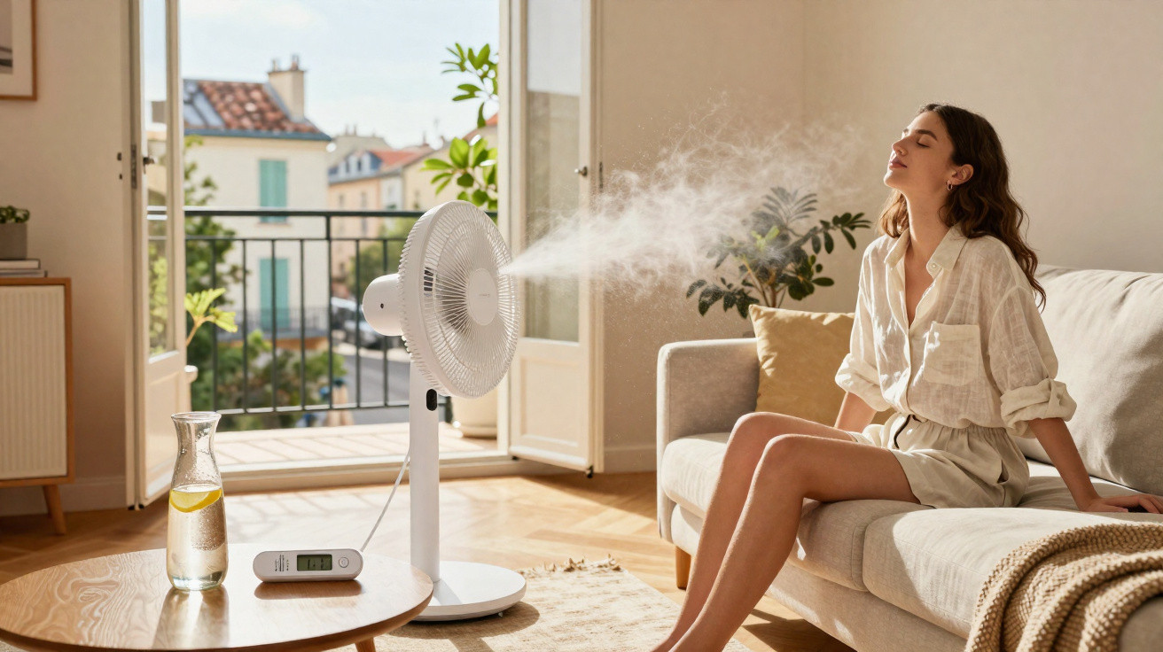 Woman relaxing on sofa in sunny room with misting fan cooling the air near open balcony doors
