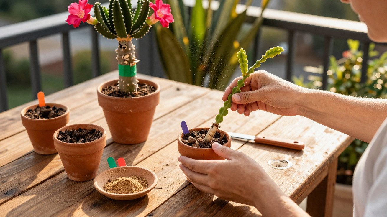 Person potting a small succulent on a wooden table with other potted plants and gardening tools outside.
