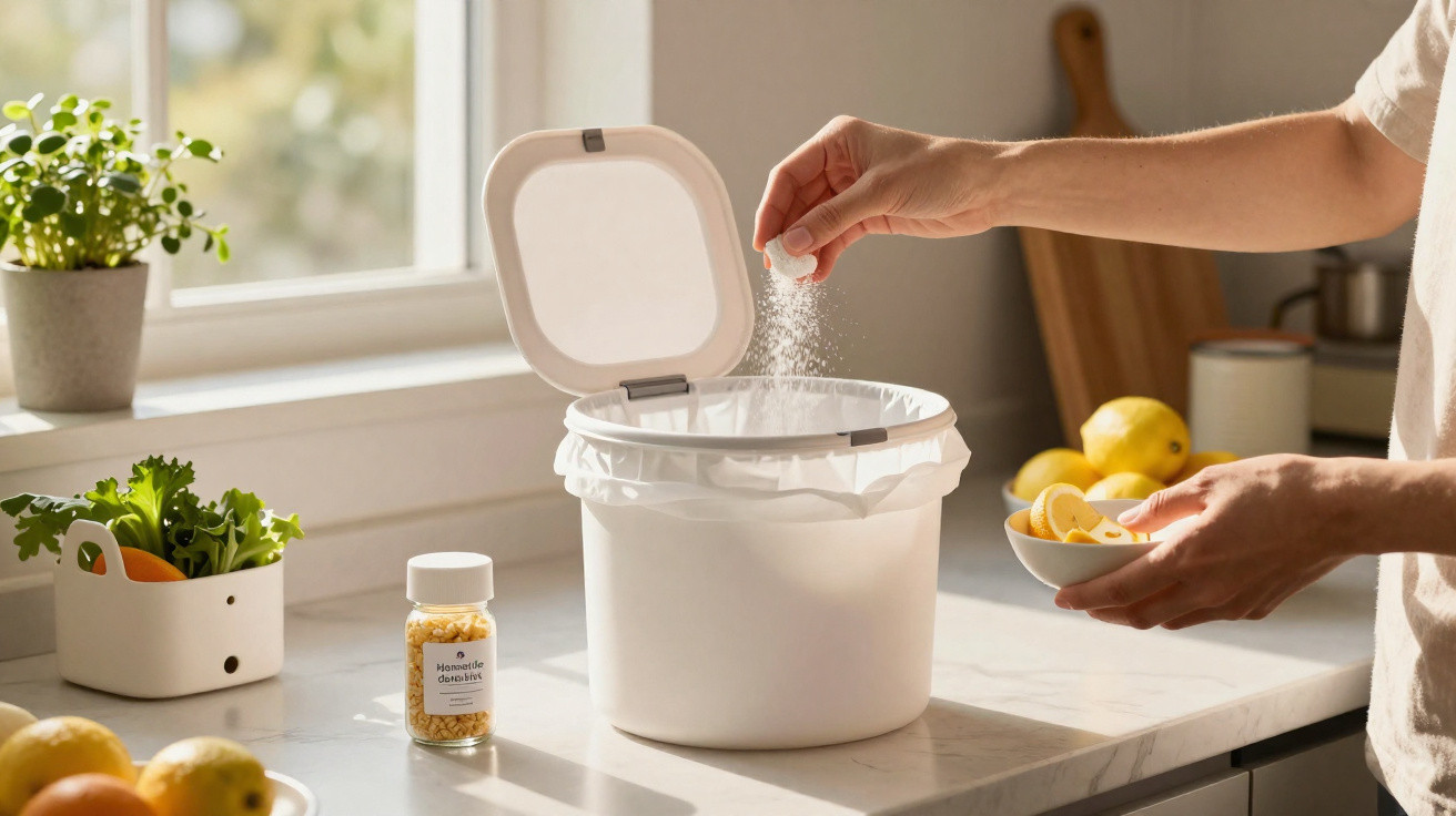 Person sprinkling salt into a white kitchen bin on a marble countertop with lemons and plants nearby