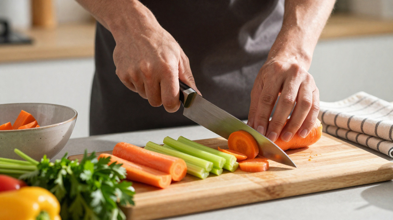 Person slicing a carrot on a wooden chopping board with celery and other vegetables nearby in a kitchen.