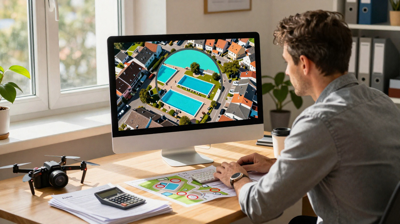 Man analysing aerial pool images on a desktop computer at a bright desk with documents and a drone nearby.