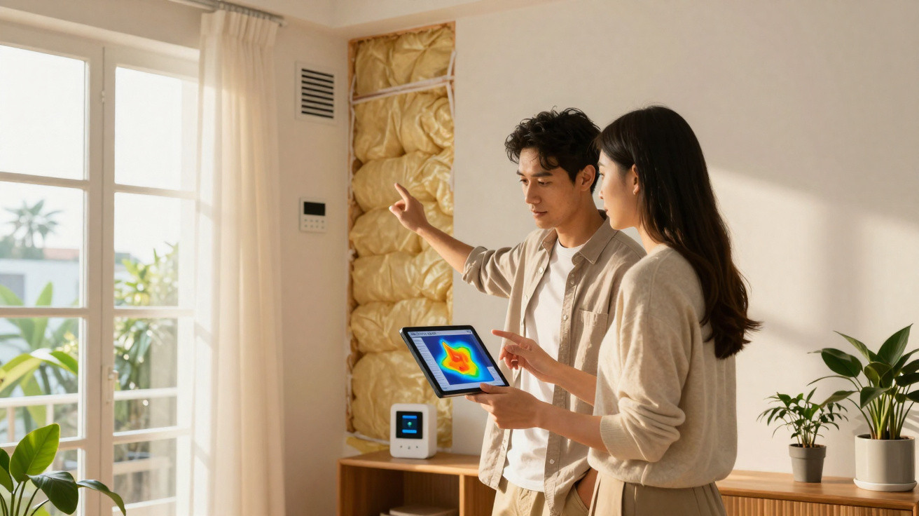 Couple using thermal imaging tablet to check insulation inside a wall in a sunlit room with indoor plants.