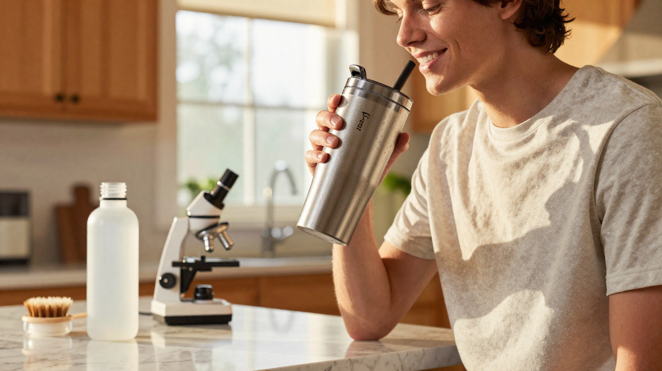 Young man smiling while drinking from a stainless steel tumbler in a bright kitchen with a microscope nearby.