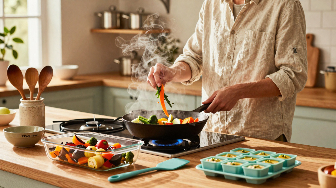 Person cooking colourful vegetables in a frying pan on a modern kitchen stove with steam rising