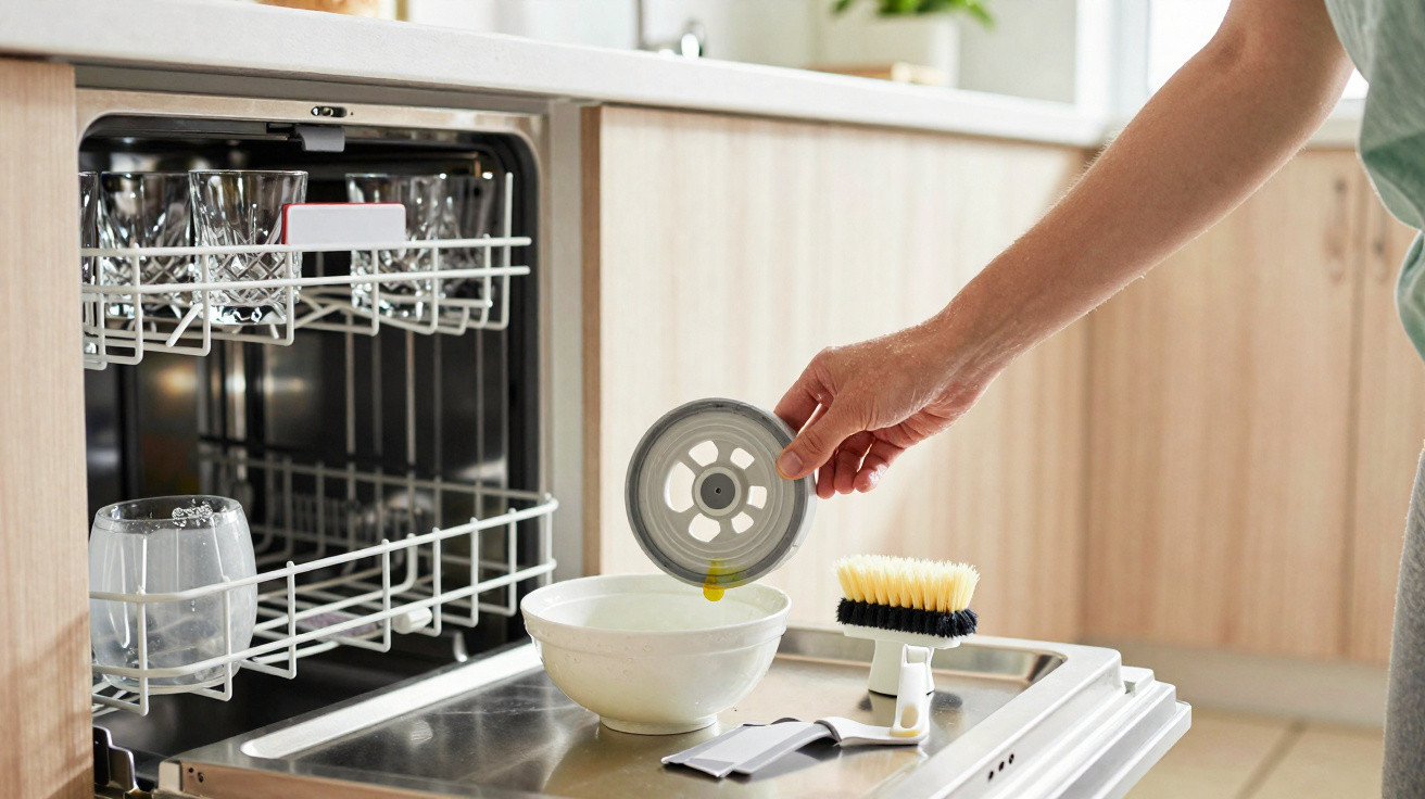 Person adding dishwashing detergent into an open dishwasher with cleaning brush and bowl on the door.