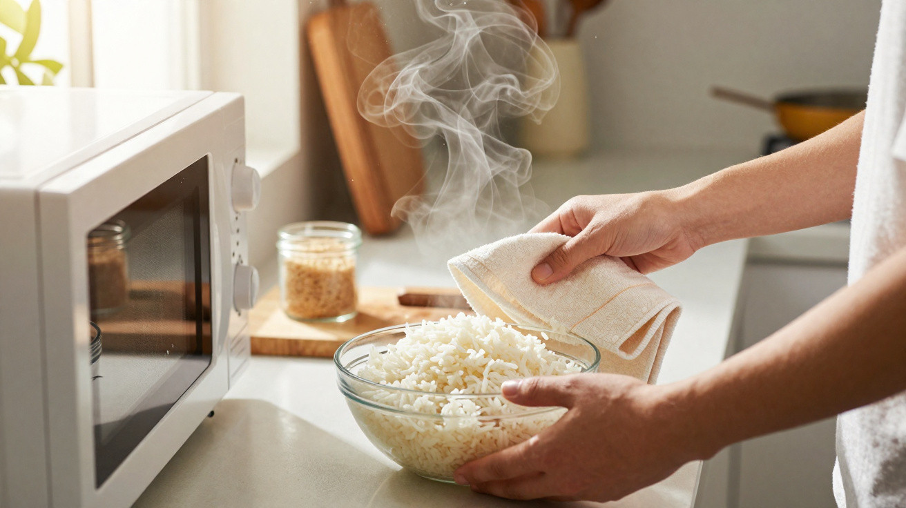 Hands holding a steaming bowl of cooked rice next to a microwave on a kitchen counter.