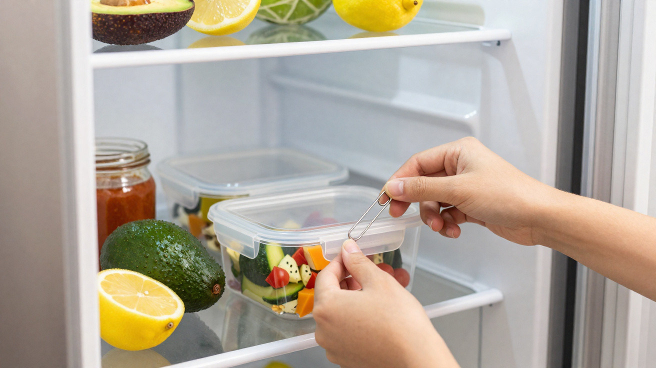 Person placing a plastic container with chopped vegetables into a fridge with lemons and avocado nearby.