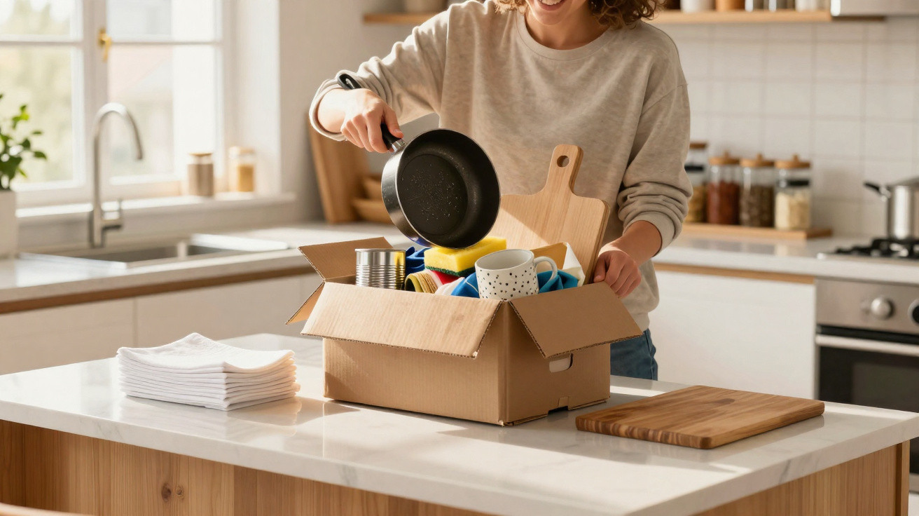 Person packing kitchen items including a pan, cutting board, and mugs into a cardboard box on a kitchen island.
