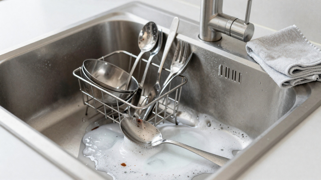Kitchen sink with soapy water, dirty sponge, and utensils in a drying rack next to a folded cloth.
