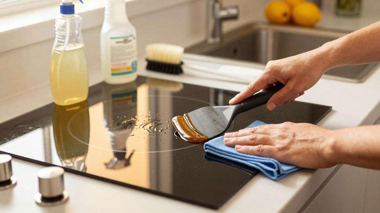 Person cleaning a black glass stovetop with a scraper and blue cloth in a bright kitchen.