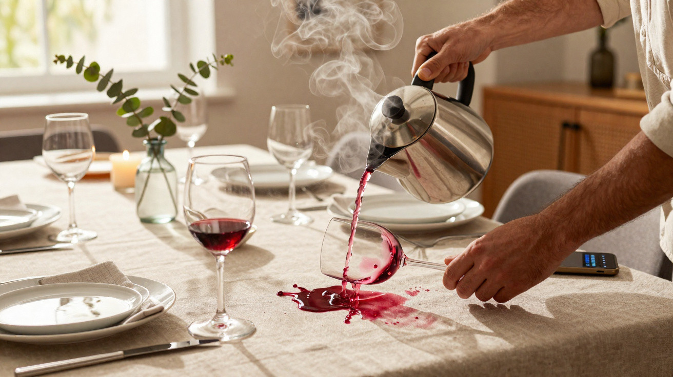 A person accidentally pouring steaming hot red wine from a kettle into a tipped wine glass, spilling on a dining table.