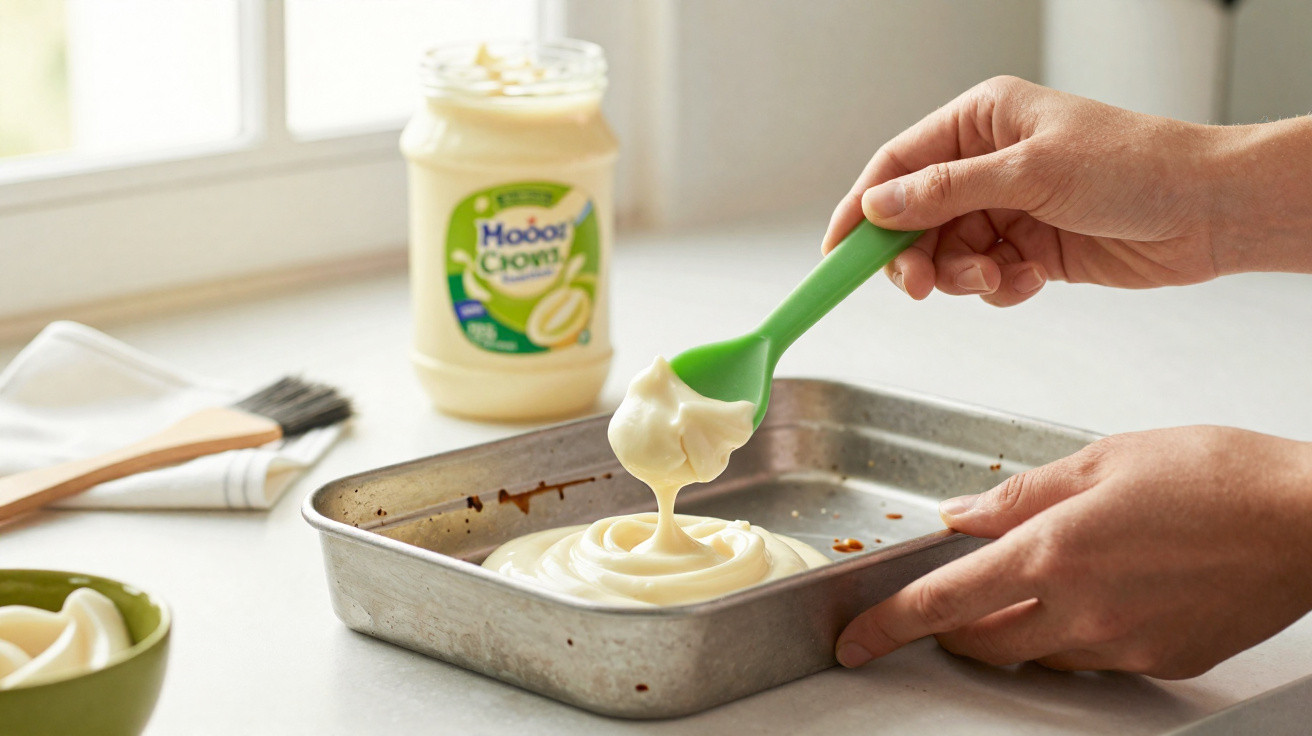 Hands spreading creamy mayonnaise in a baking tray with a jar of mayonnaise and a brush in the background.