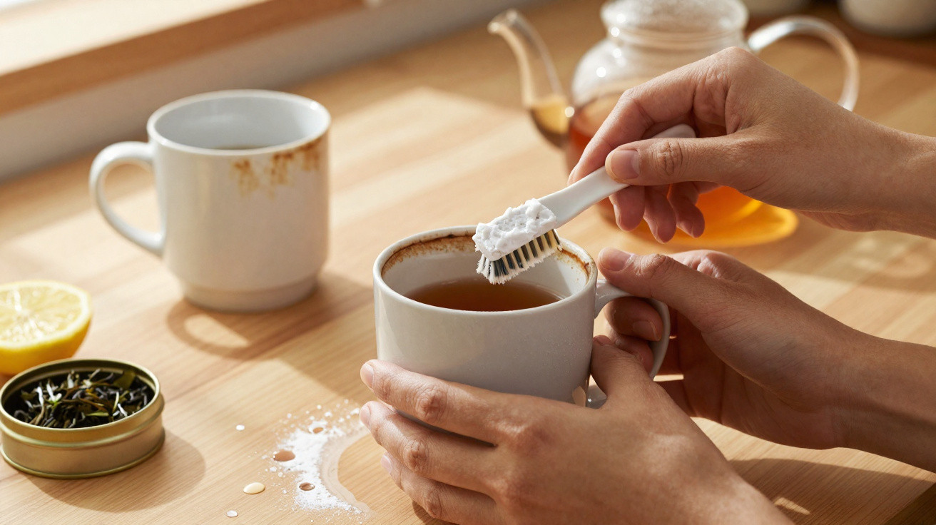 Hands holding a white mug of tea, brushing the rim clean with a small brush on a wooden table.