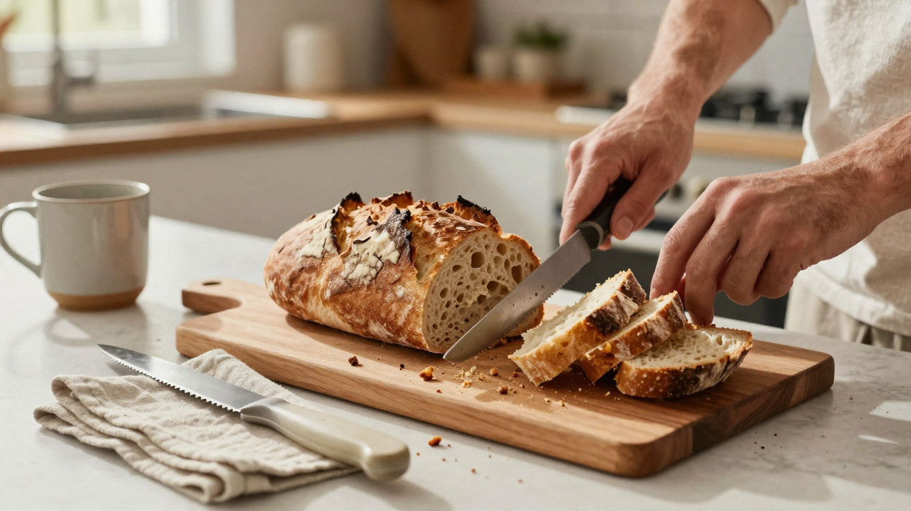 Person slicing crusty bread on a wooden board in a bright kitchen with a mug and knife nearby.
