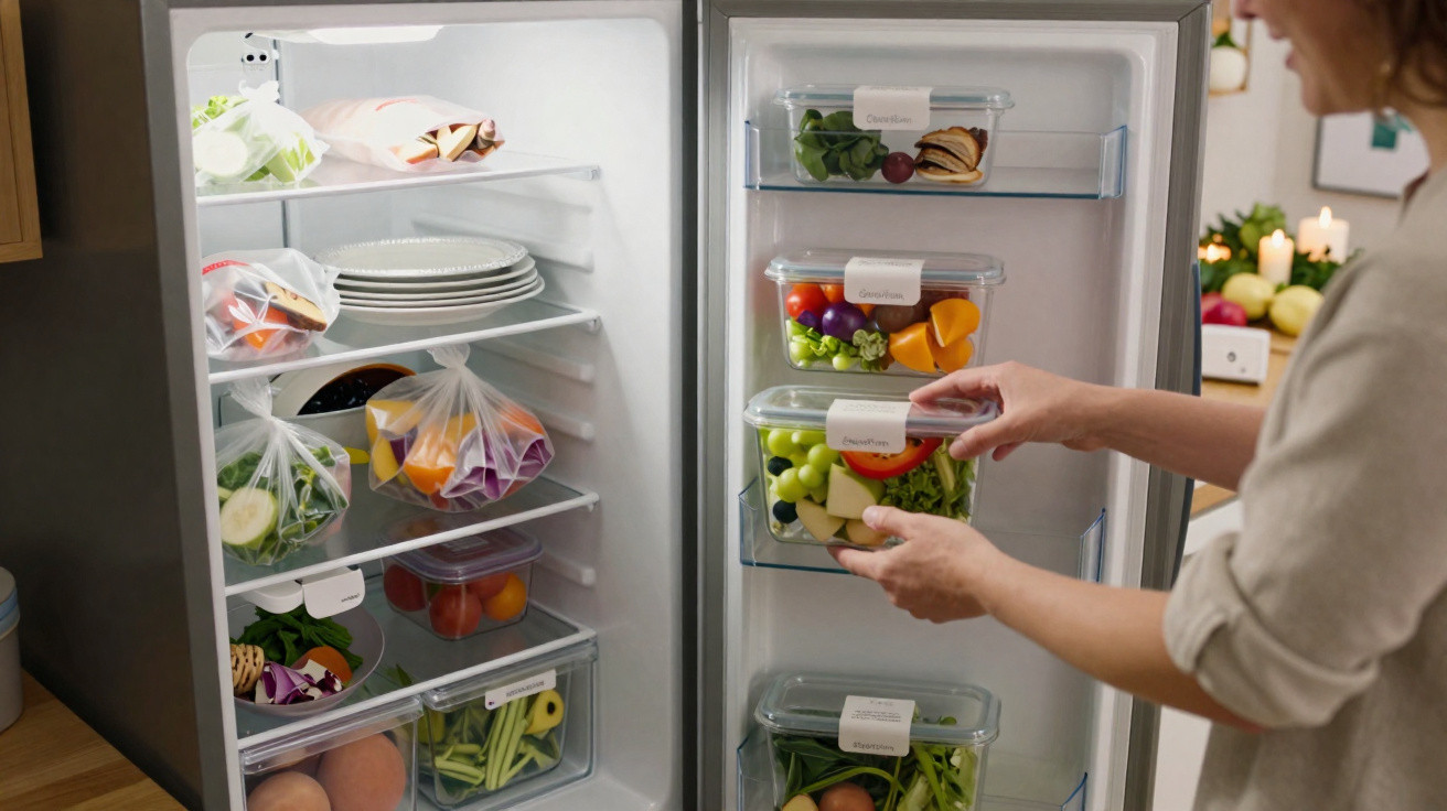 Woman organising labelled containers with fresh vegetables in a well-stocked fridge in a kitchen.